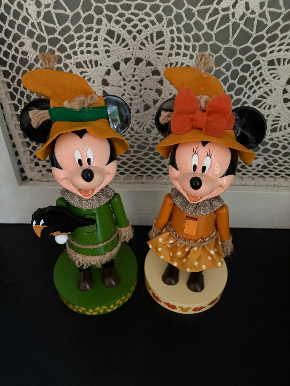 Disney Autumn Scarecrow Wooden Nutcrackers 10" matching Minnie Mickey Mouse NWT